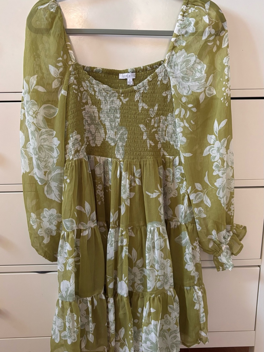 Olive Green Floral Tiered Puff Sleeve Dress